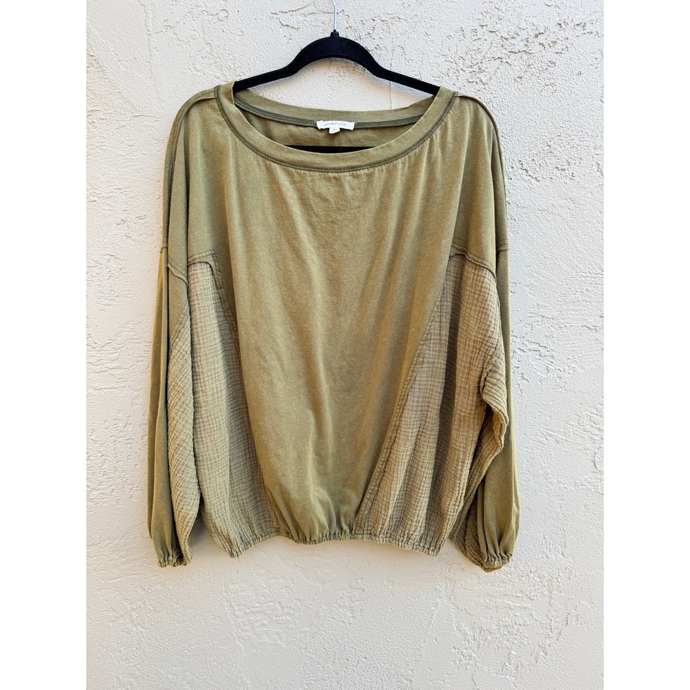 Olive Green Boho Dolman Sleeve Cottagecore Textured Panel Top Blouse